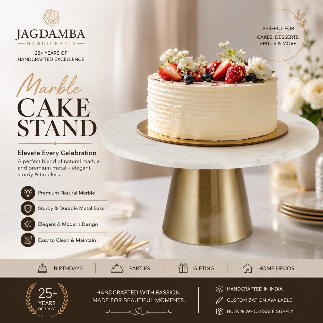 Marble Cake Stand with Gold Brass Base